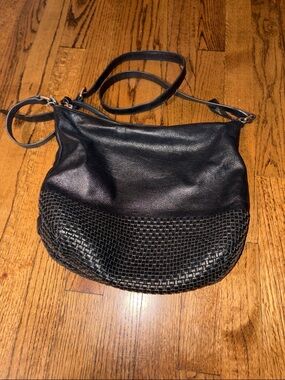 Women's Black Cole Haan Leather Crossbody Bag with Woven Detail